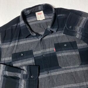 Levi's Cotton Flannel Black‎ Gray Striped Button up Shirt Plaid Men's Size XXL